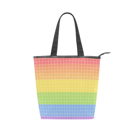 Large Capacity Canvas Tote Bag with Zipper Durable Canvas & Leather Shoulder Handbag All-over Print Tote for Work Commuter Shopping Travel Rainbow Grid Seamless Pattern
