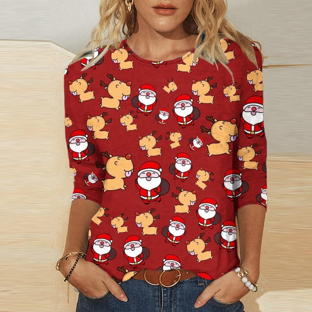 Pntutb Moda Mujer Chriatmas Impreso Camiseta 3/4 Mangas Blusa Cuello Redondo Casual tops Pntutb Pntutb-614