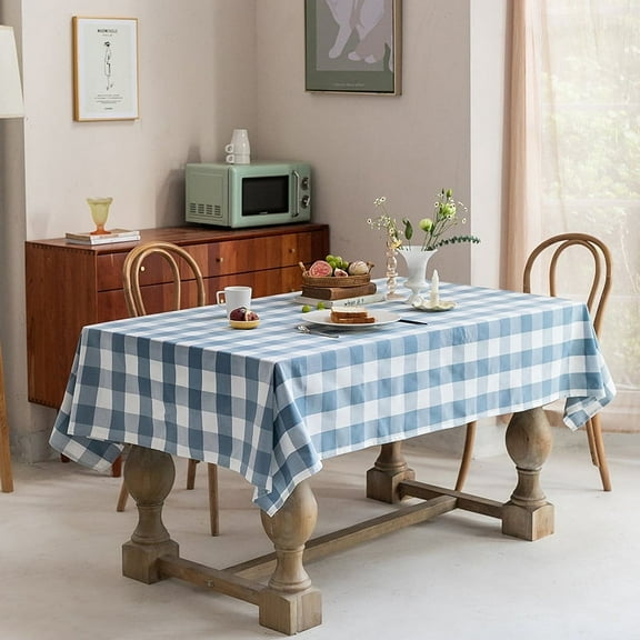 Nvzi Plaid Christmas Tablecloth Cotton Linen Plaid Table Cover for Christmas Party Wedding Table Decoration (55 x 55 inches, light blue)