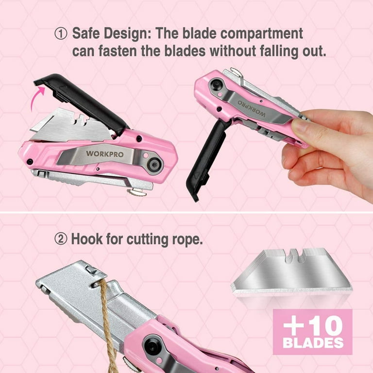 FantastiCAR Folding Box Cutter, Quick Blade Change Utility Knife, with  Anti-slip Metal Body, Safety Lock, 5 Extra Blades (Pink Streamline)