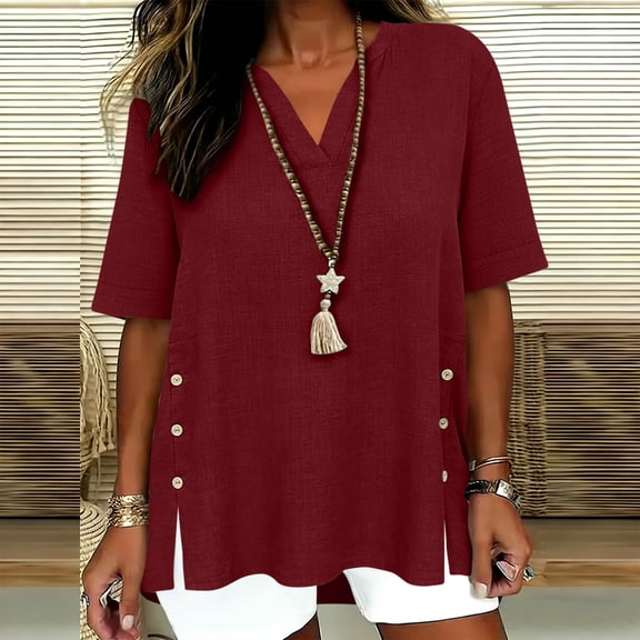 Rciityk T Shirts for Women V Neck Cotton Linen Summer Tops Casual Loose Short Sleeve Shirt Side Slit with Button Beach Vacation Fashion