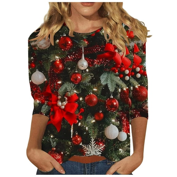 asdoklhq Flannel Shirt Women Christmas Glitter Print Round Neck 3/4 Sleeve T-Shirt Top Red L