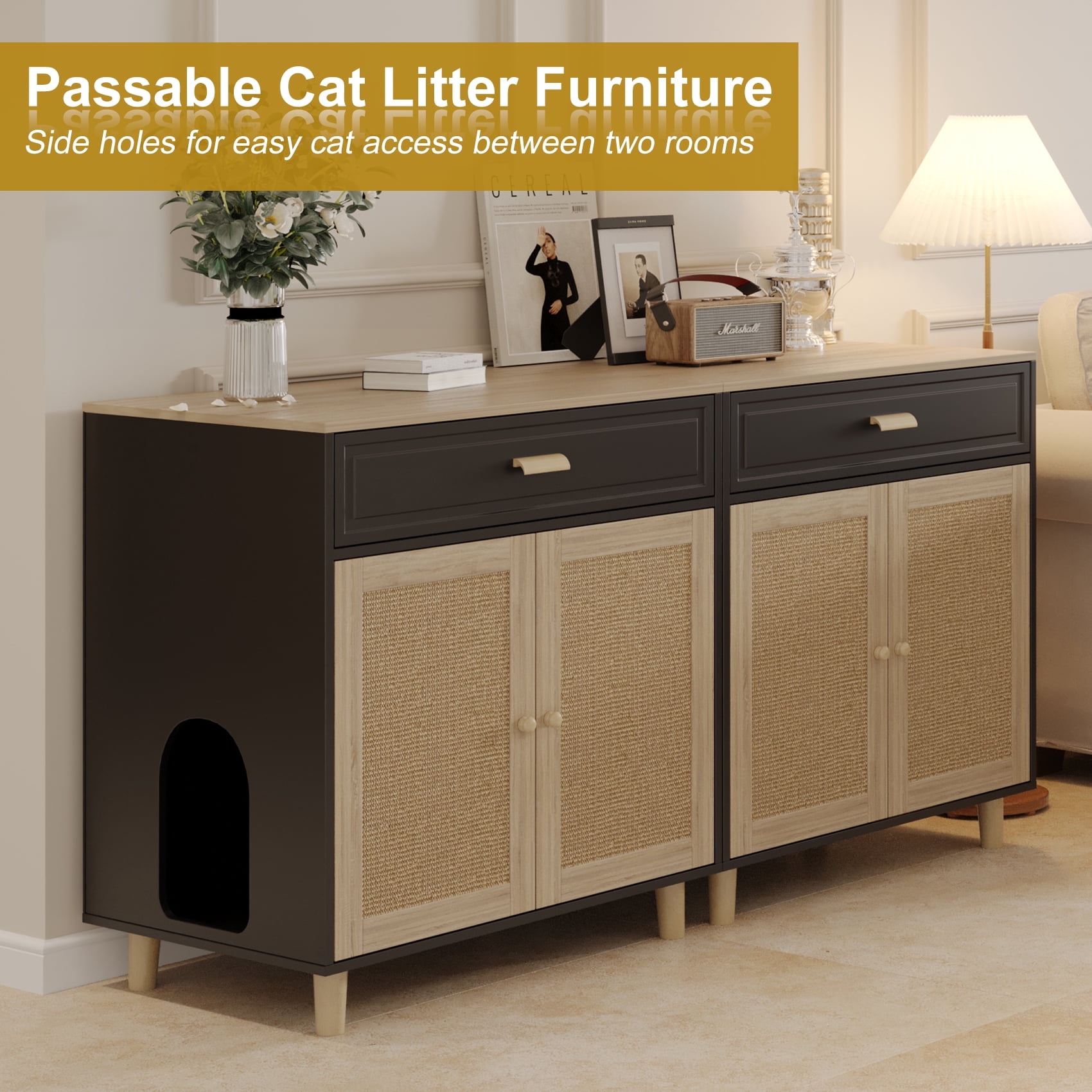 Faceket Large Hidden Indoor 2-in-1 Cat House and Washroom Cabinet Wooden Cat Litter Box Furniture with Scratching Board Doors and Drawer, Black