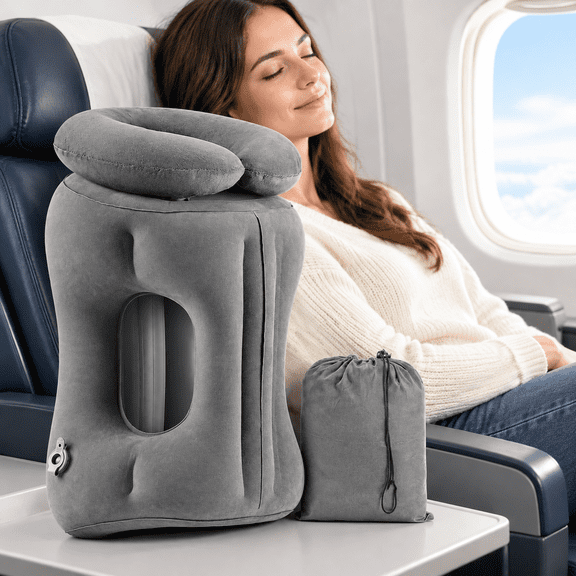 2-in-1 Inflatable Travel Pillow, Neck Support for Airplane, Camping, Home Nap, Car (Grey)