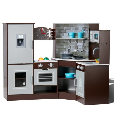 KFFKFF Play Kitchen Set for Kids, Includes Light & Sound Features, Kids' Kitchen with Ice Dispenser, Oven, Sink, Clock, Microwave, Fridge & Accessories, Ideal for Toddlers & Preschoolers, in Brown