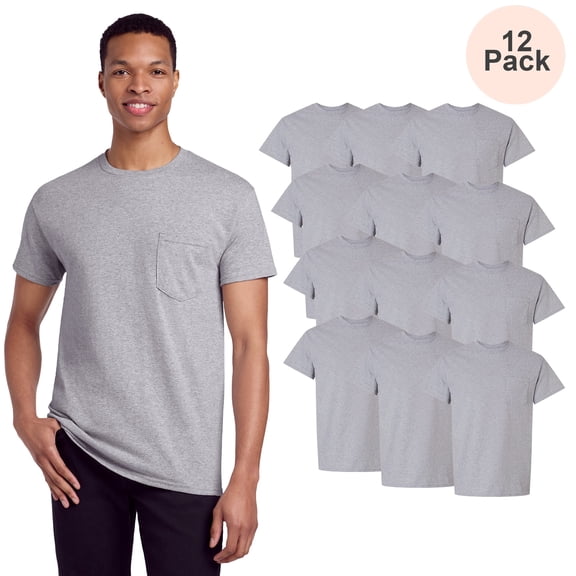 Gildan Men Short Sleeve Pocket T-Shirt, Crew Neck Bulk Tee of Cotton, Sport Grey, Pack of 12, S