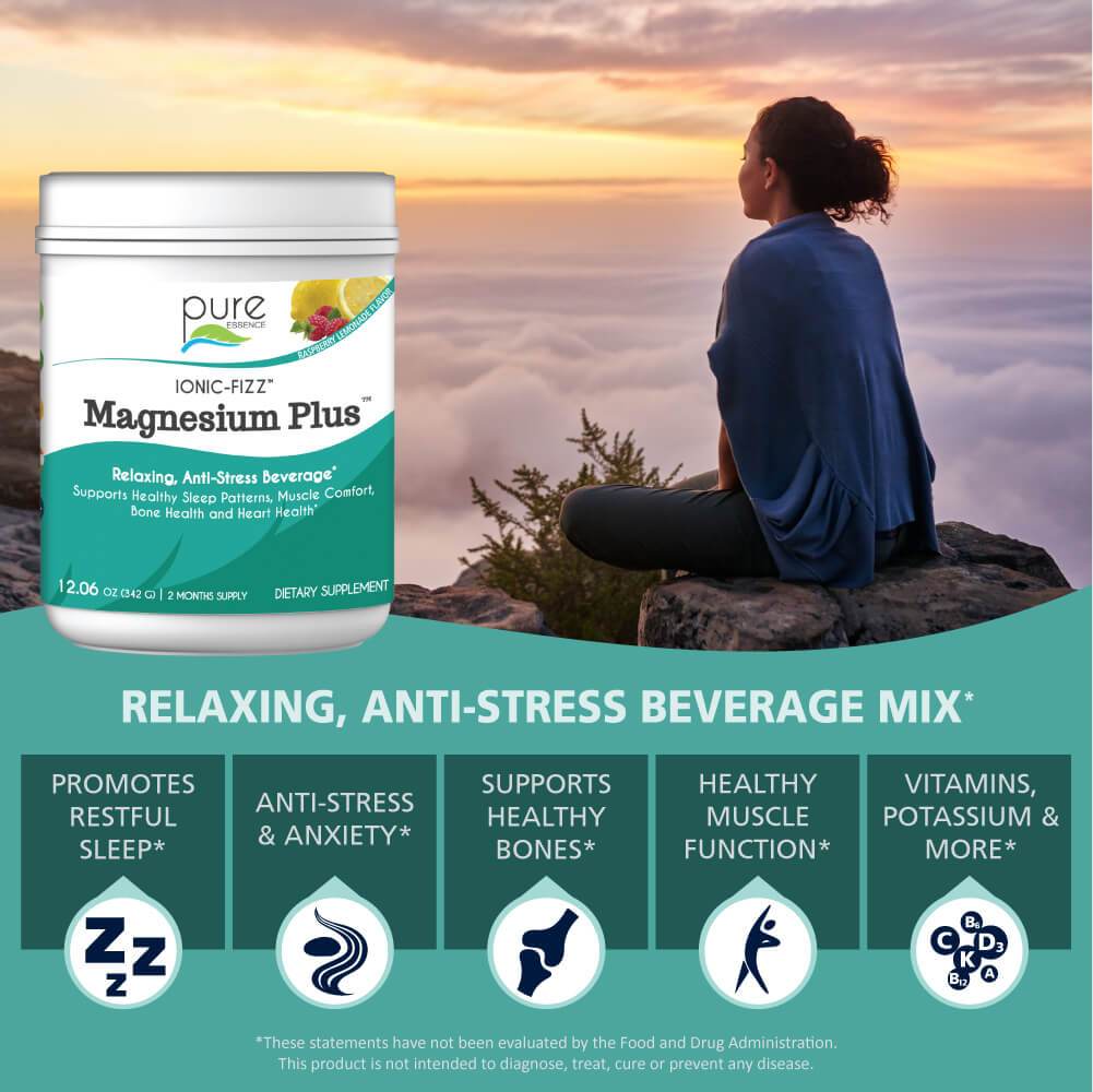 Ionic Fizz Magnesium Plus - Supplement with Zinc, Potassium, and 12 Other Nutrients -Natural Sleep Aid and Anti Stress Powder by Pure Essence - Raspberry Lemonade - 12.06 oz
