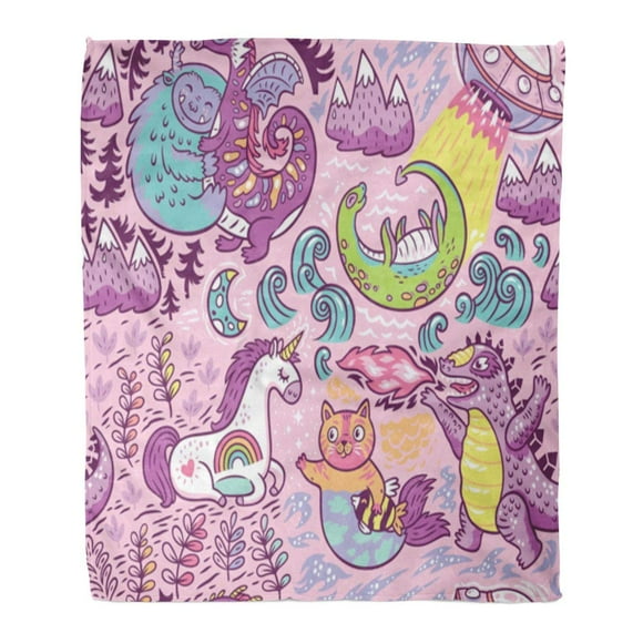 POGLIP Flannel Throw Blanket Kids Fantastic Yeti Dragon Unicorn Cat and Mermaid Lochness UFO Cartoon on Pink 58x80 Inch Lightweight Cozy Plush Fluffy Warm Fuzzy Soft
