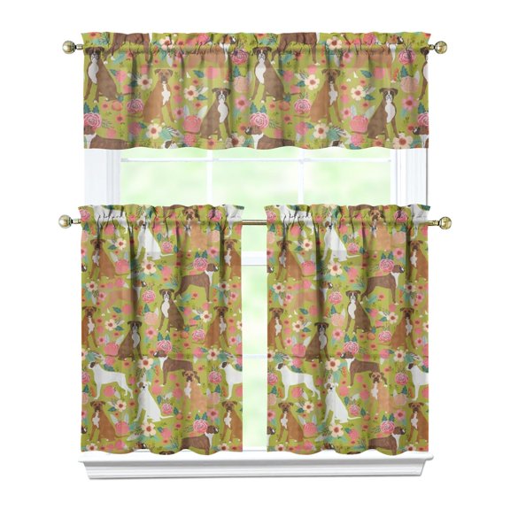 Dog Print Kitchen Curtains 36 Inch Short - 3 Panel Set, Cute Puppy & Floral Design, Rod Pocket Pet Lover Curtains 100% Polyester, Paw & Bone Pattern for Kitchen, Living Room, Bedroom, Easy Wash