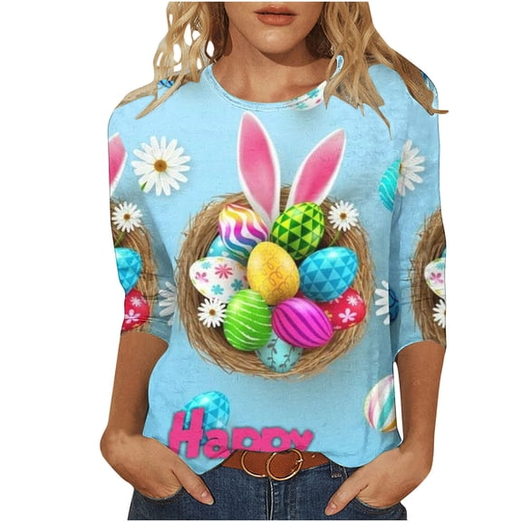 XMMSWDLA Happy Easter Day Women Shirt 3/4 Sleeve Bunny Graphic Tee Tops Easter Egg Going Out Top Casual Pullover Blouse Plus Size Tops