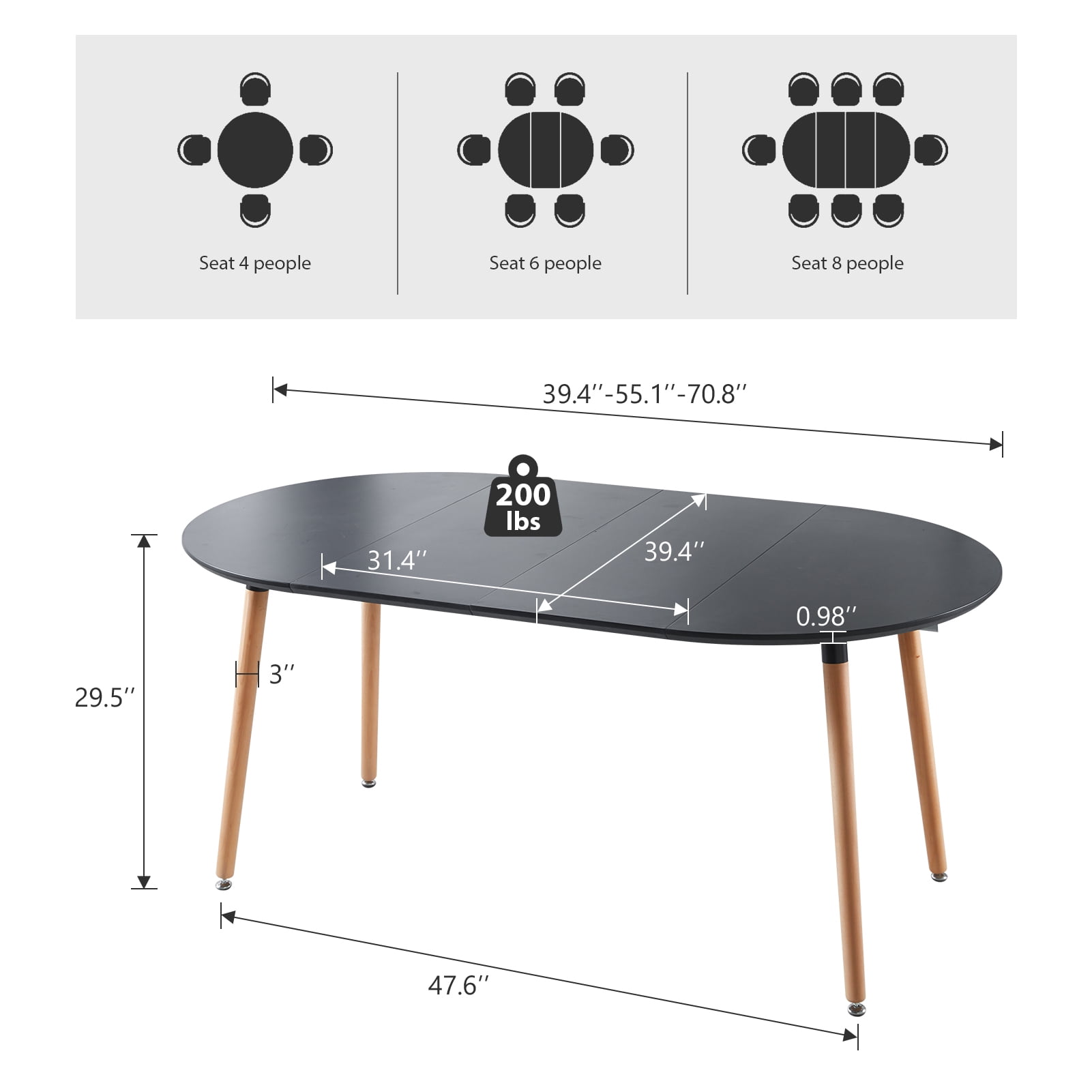 Extendable Round Dining Table, 39"-70.8" Black Farmhouse Kitchen Table with Leaf, Oval Dining Table for 4-8 People, Sturdy Mid-Century Modern Home Table