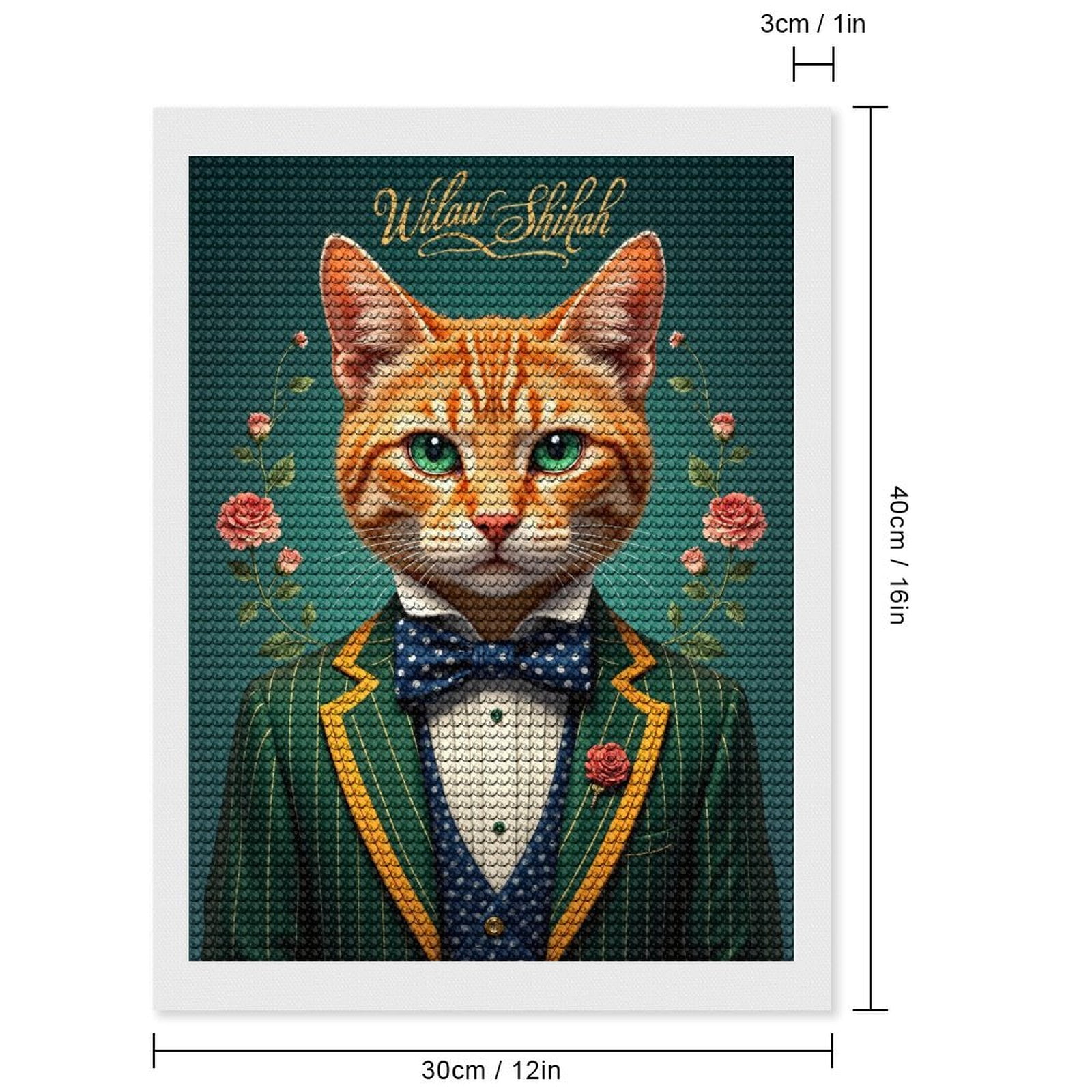 Diamond Art Kits for Adults, Smart Feline Suit Bow Floral Background 5D Diamond Painting Kits for Adults Beginners, DIY Full Drill Diamond Painting, Gem Art and Crafts 12x16