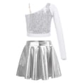 thumbnail image 2 of YONGHS Girls Hip Hop Jazz Dance Performance Outfits Kids Sequins Crop Top with Metallic Flared Skirt Silver 14, 2 of 7
