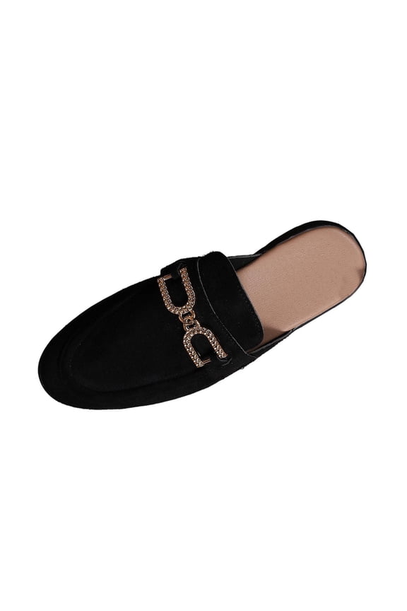 Black Women'S Open-Toe Mules Slip On Loafers With Metal Accents Flat Shoes For Casual Comfortable Suitable For Indoor And Outdoor Wear Size 43