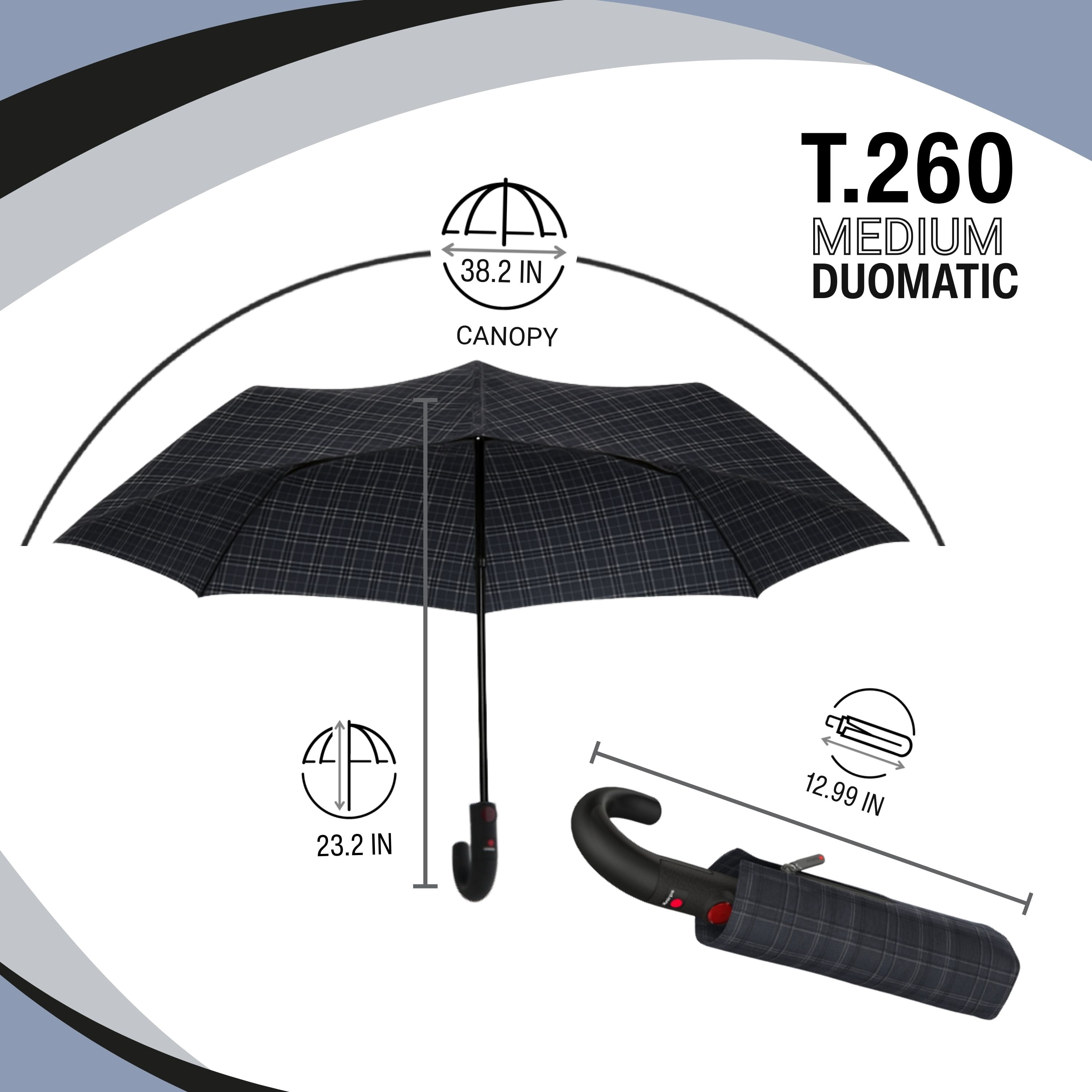 Knirps T.260 Duomatic Medium Pocket Rain Umbrella in Men's Check – Automatic Open Close, Wind-Tunnel Tested to 93mph, Hook Handle Design, 38in Canopy, OEKO-TEX, Fits in Backpacks & Purses