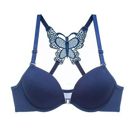

Women Front Buckle Bra Lace Butterfly Design Underwire Bras Female Underwear Blue 36