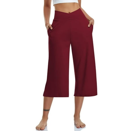 QIJUNTUO Women s High Waisted Wide Leg Yoga Pants With Side Pockets Tummy Control Lounge Panties Wine