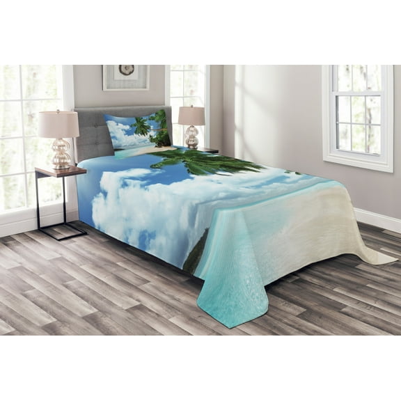 Ambesonne Jungle Quilted Bedspread Set 2 Pcs, Palm Leaf Island Lagoon, Twin Size, Green Blue Aqua