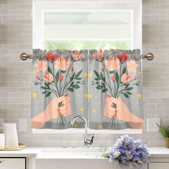 Yayeee Kitchen Curtains Tier Pair Light Filtering 27"x36" Rod Pocket Short Cafe Window Panel, Stars Flower