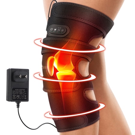 Heated Knee Massager, Extra-Large Knee Heating Pad with 4 Motor Vibration Massage, Heated Knee Brace Wrap with 3 Heat and 5 Massage Modes for Relief, AC Adapter Power Supply