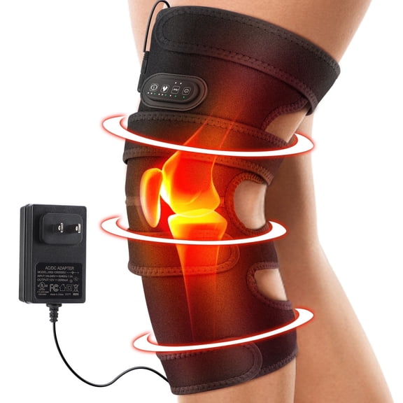 Heated Knee Massager, Extra-Large Knee Heating Pad with 4 Motor Vibration Massage, Heated Knee Brace Wrap with 3 Heat and 5 Massage Modes for Relief, AC Adapter Power Supply
