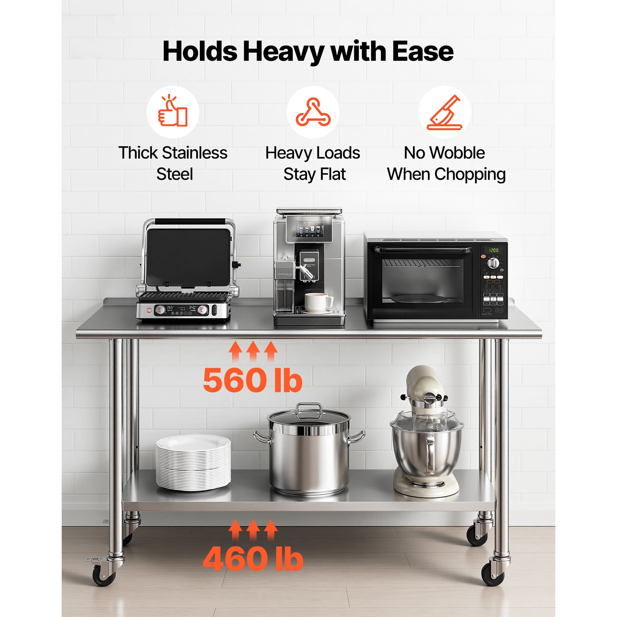 KFFKFF Stainless Steel Work Table, 24x60 inch Food Prep Station with Wheels and Backsplash, Adjustable Undershelf Metal Worktable for Kitchen, Home, Restaurant, or Outdoor Use