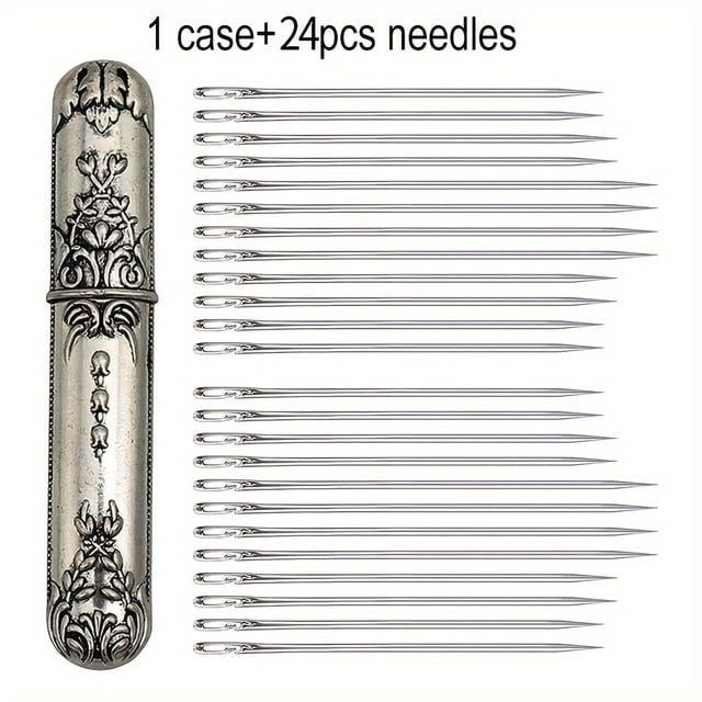 HLONK 1pc Vintage Embossed Alloy Needle Case With 12/24pcs Side Threading Blind Needles Set Sewing Needle Storage Container Elegant Craftsmanship
