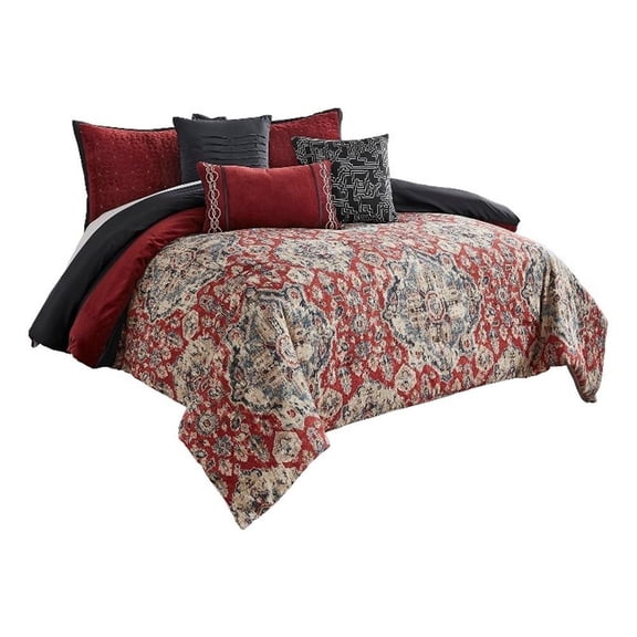 Benjara 9 Piece Queen Size Comforter Set with Medallion Print- Red and Blue