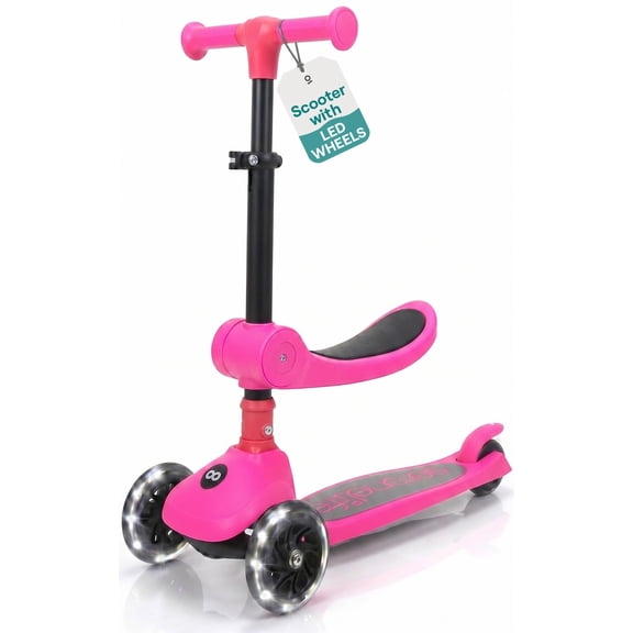3-Wheel Foldable Kids Scooter - Child Toy Scooter with Built-in LED Wheel Lights, Foldable Seat, and Easy Maneuvering Lean-to-Steer Technology (Pink)