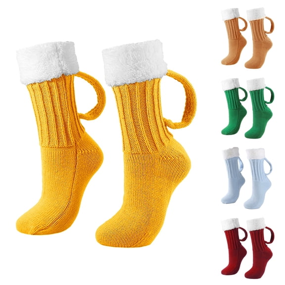 Beer Mug Socks with Handles Men Novelty Christmas Medieval Brewboot Mug Socks 9.06in Acrylic Sherpa Fleece Funny Holiday Socks for Women Adults Gifts