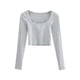 thumbnail image 3 of Txlixc Blusa de corte de punto sólido de manga corta, manga larga y cuello redondo profundo para mujeres fiesta de ocio callejero blusa de primavera y otoño callejero Txlixc moda, 3 of 4