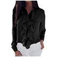 thumbnail image 2 of Women's Long Sleeve V-Neck Top with Ruffled Collar Solid Color Loose Fit Casual Blouse, 2 of 7