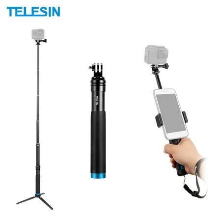 TELESIN Handheld Extendable Selfie Stick Monopod Aluminum Alloy Adjustable Pole with Tripod Cell Phone Holder for X/8/8 Plus/7/7 Plus or Most Android Smartphone for Hero 7/6/5/4/3+/3 for SJCAM