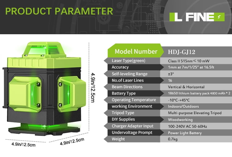 Laser Level Self Leveling,HDJ 16 Lines  4x360° Laser Level Tool,4D Green Cross Horizontal Vertical Laser Tool With Remote Control and 2PCS 2400mAh Battery