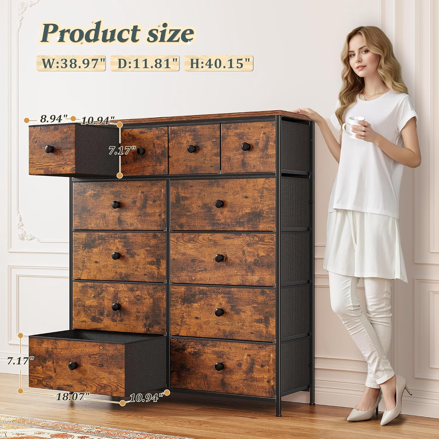 Dresser for Bedroom Tall Dresser with 12 Drawers Fabric Dressers & Chests of Drawers, Bedroom Dresser with Metal Frame, Wood Top, Entryway Living Room Closet, Rustic Brown