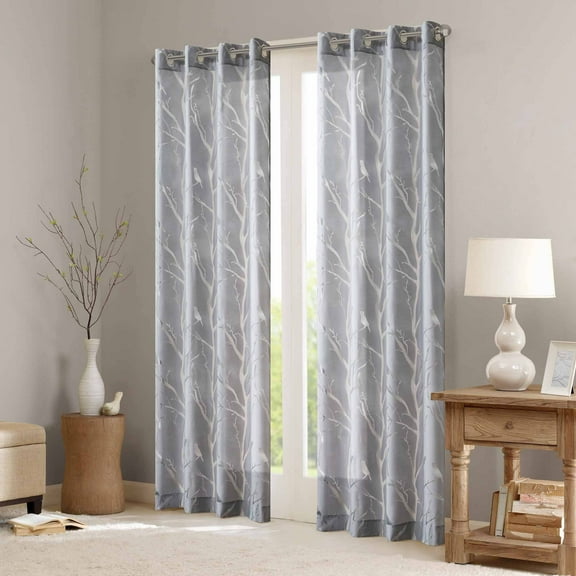 Madison Park Bird Branches Pattern Adult Size Lightweight Whimsical Sheer Window Panels Curtain, 50x63, Grey for Indoor Living Room