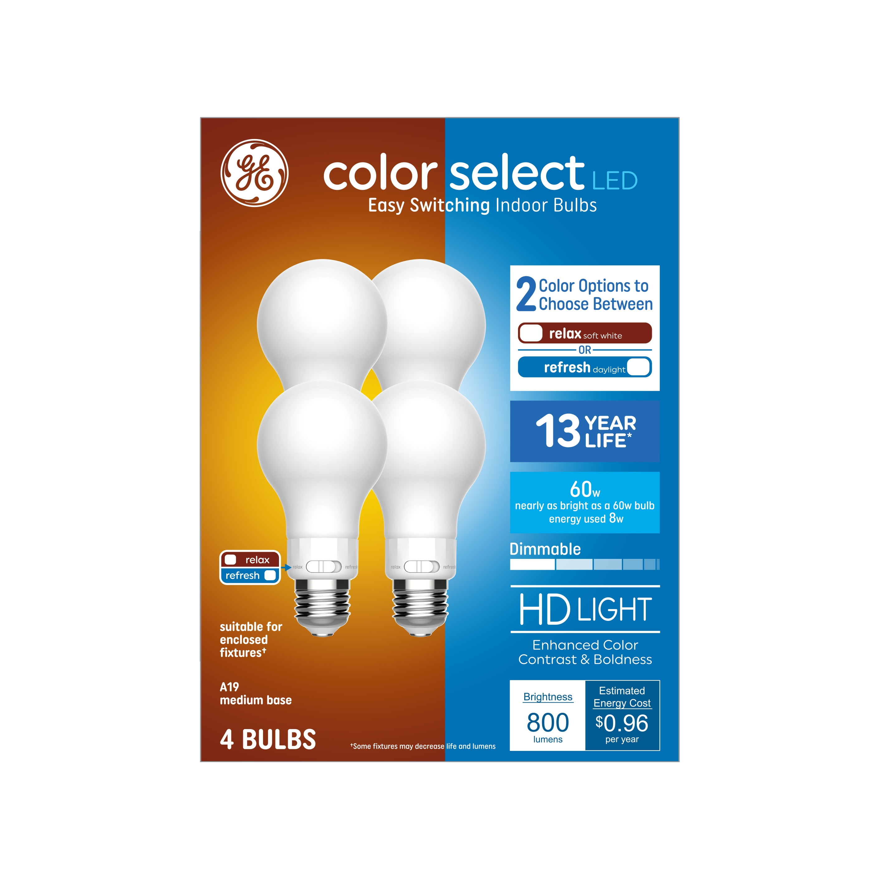 GE Color Select LED Light Bulbs, 60 Watt Eqv, Soft White or Daylight, A19 General Purpose, 13 year, 4pk