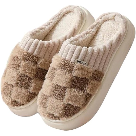 Checkered Slipper House Slippers for Women Men Plush Warm Fuzzy Slippers Bedroom Shoes Indoor Slip On
