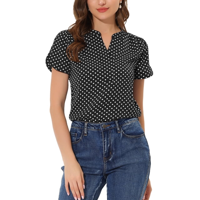 Blusa de puntos impresa de cuello en V de INSPIRE CHIC para mujeres, de manga corta, ideal para el trabajo, talla 3XL, color negro
