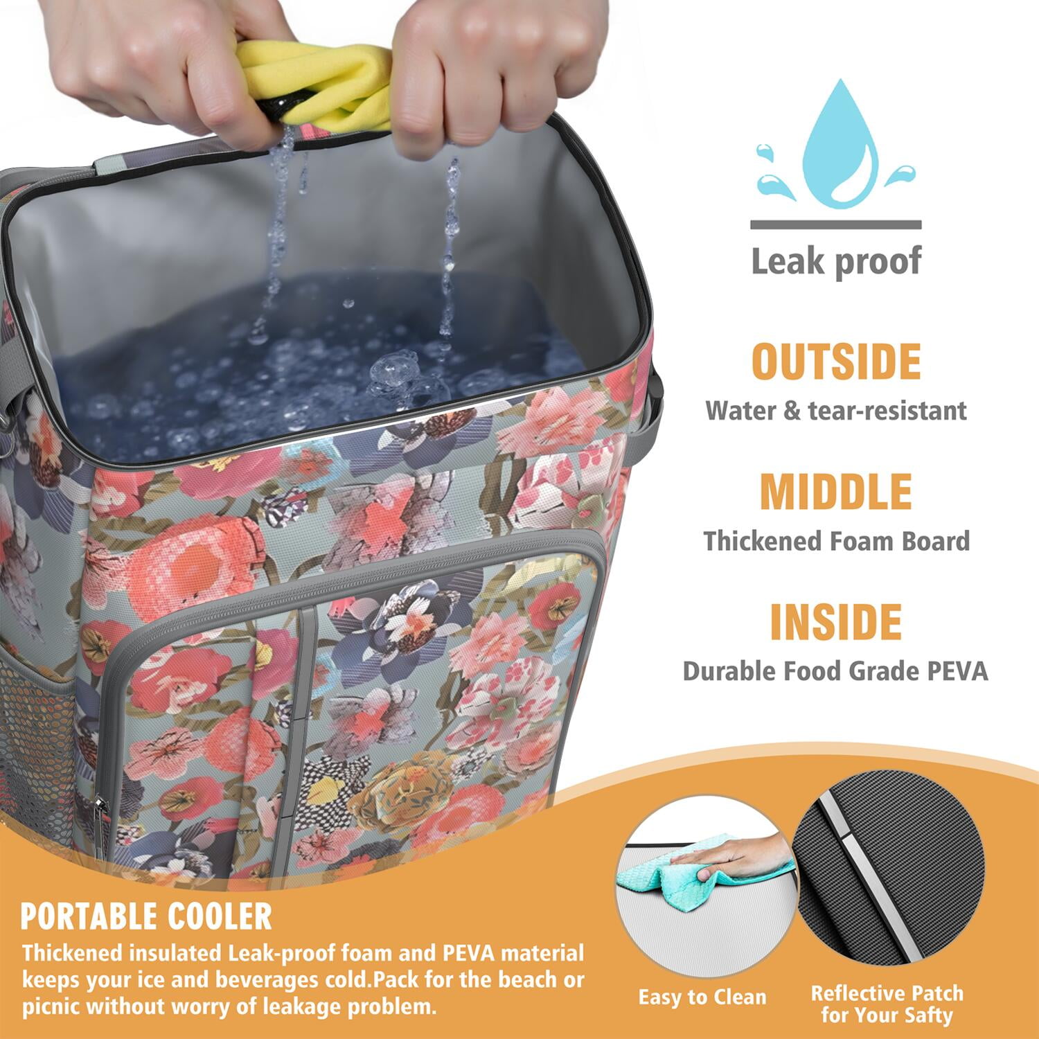 Travel Cooler Bag - Pioneer Flower Floral Print Pattern Camping Beer Cooler Backpack with Bottle Opener- Waterproof Insulated Picnic Backpacks - Cooler Bag for Beach