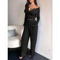 thumbnail image 6 of Women'S 2 Piece Matching Lounge Sets Long Sleeve Henley Neck Slightly Crop Top Wide Leg Pants Sweat Suit Black XL, 6 of 9
