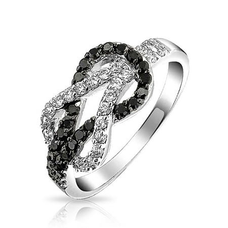 Brass Band Collection (Cubic Zirconia Two Tone Black White Pave CZ Love Knot Infinity Ring Band For Women For Girlfriend Silver Plated)