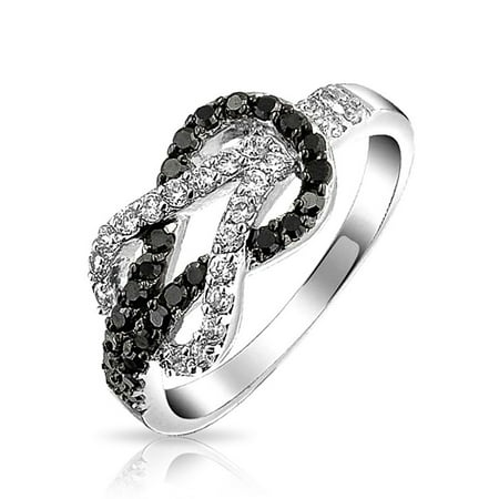 Cubic Zirconia Two Tone Black White Pave CZ Love Knot Infinity Ring Band For Women For Girlfriend Silver Plated