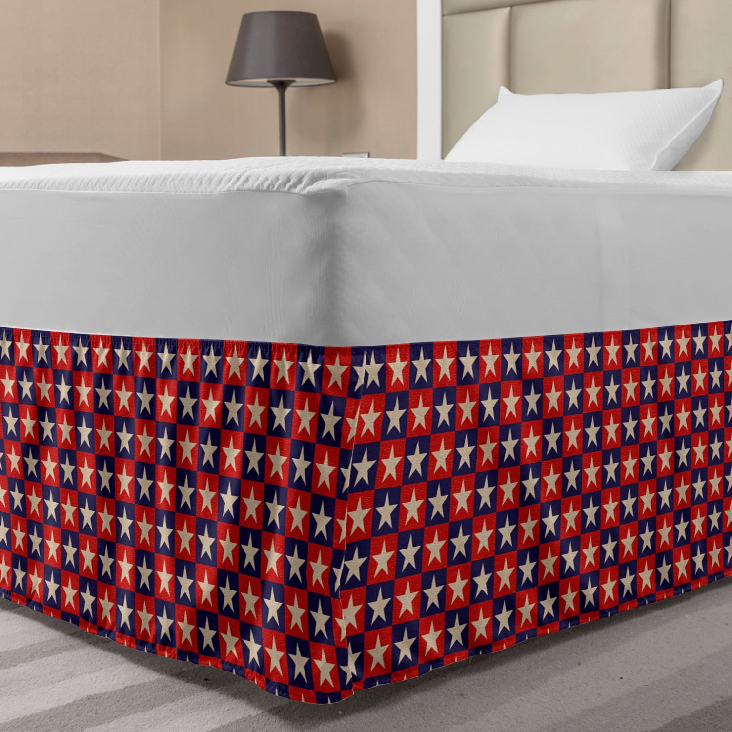 Primitive Country Bed Skirt, Checkered Pattern in Navy and Red with