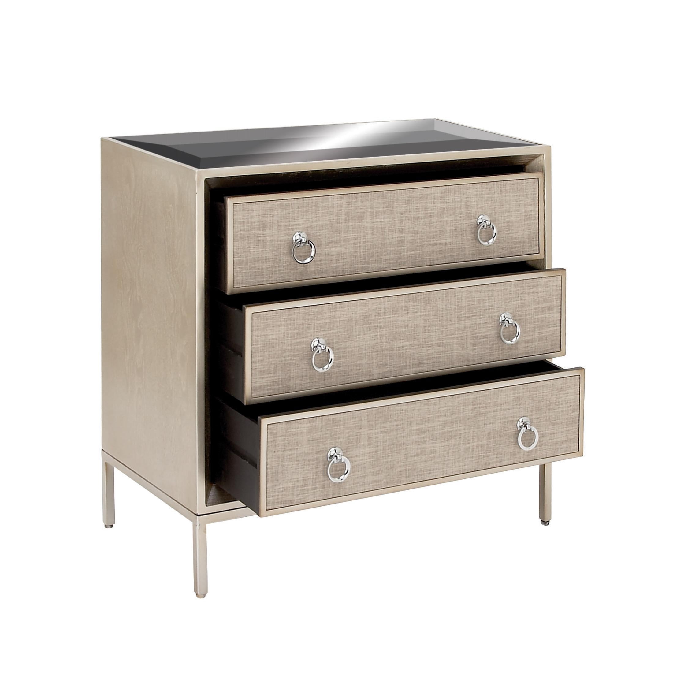 DecMode 32" x 32" Beige Wooden Upholstered Front Panel 3 Drawer Chest with Mirrored Top and Ring Handles, 1-Piece
