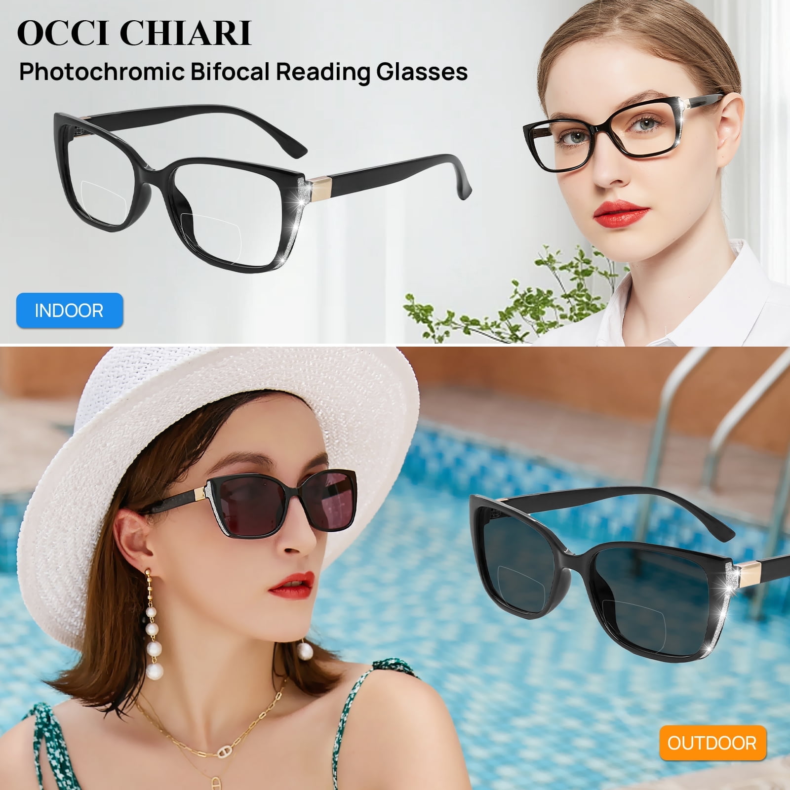 OCCI CHIARI Photochromic Bifocal Reading Glasses for Womens,Large Square Blue Light Blocking & UV400 Protection Sunglasses Readers 1.0 1.5 2.0 2.5 3.0 3.5 4.0(Black +200)
