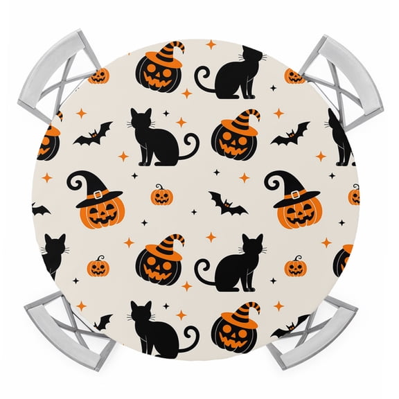 Halloween Round Tablecloth for 55-60 Inch Tables,Fitted Table Cover with Elastic Edge,Horror Pumpkin Fall Witch's Hat Bat Black Cat Waterproof Outdoor Table Cloth Protector for Patio Garden Dinner