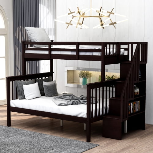 Lower Bunk Bed, Twin Over Full Win Bunk Beds With Stairs And Drawers, Bed  Frame With Storage Staircase, Wood Loft Bed For Bedroom, Wooden Bunk Bed, Wood  Bed Frame With Ladder And