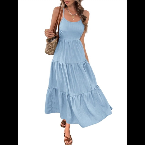 Vestido de Verano 2025, Estilo Bohemio, Sin Espalda, con Escote en V, Fluido, con Volantes, para Mujer. Azul L