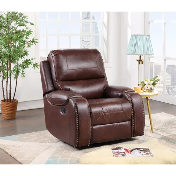 Manual Rocking Swivel Recliner Chair, Plush Pillow Top, Nailhead Accent Living Room Sofa Chair, Brown